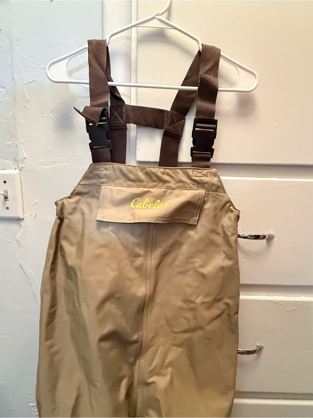Cabela's Tan Bib Overalls with Dark Brown Straps